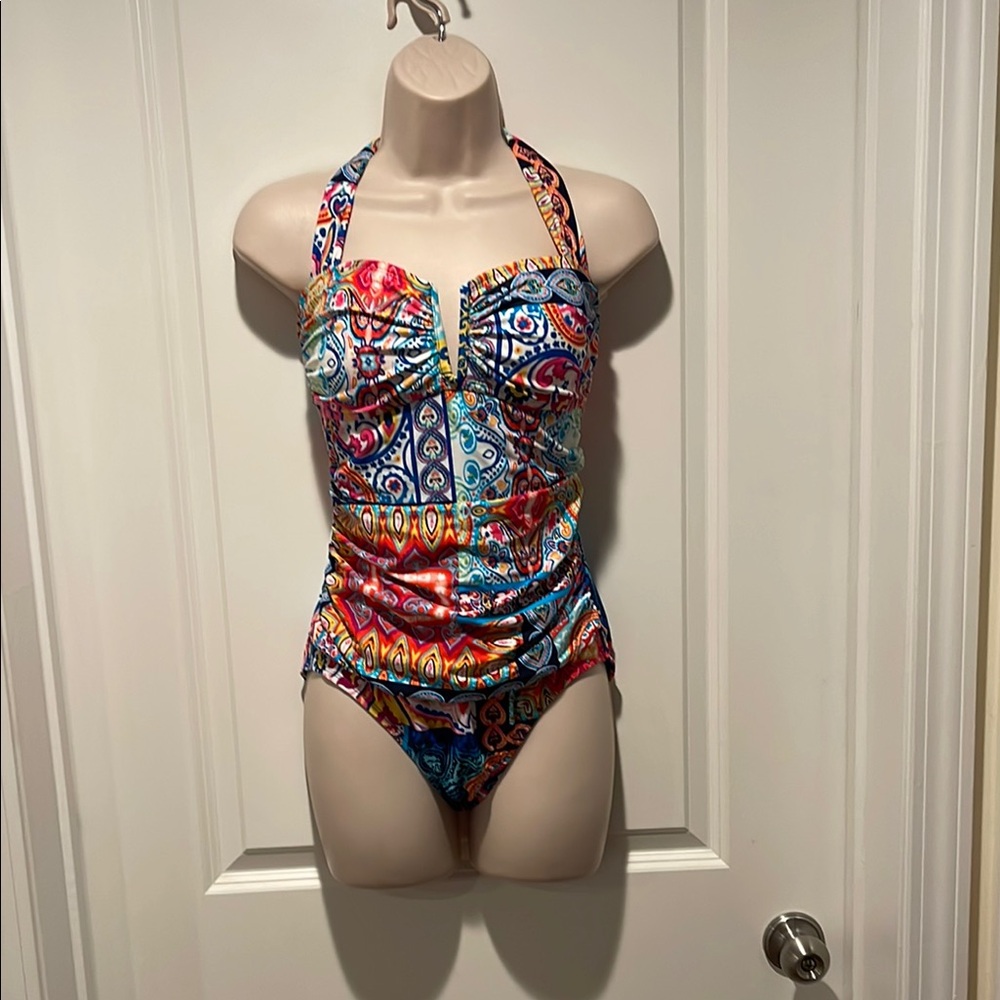 NWT Red and Blue One Piece Halter Swimsuit with Plunging Neckline Sz 10